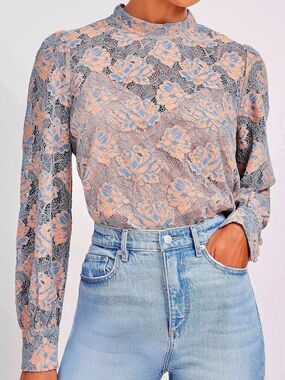 LOFT Blue and Blush Lace Mock-Neck Blouse
